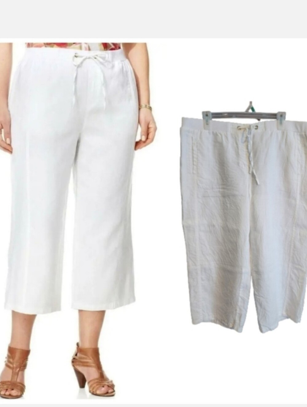 JM Collection linen capri pants White Elastic Waist Pull On women's plus size 16